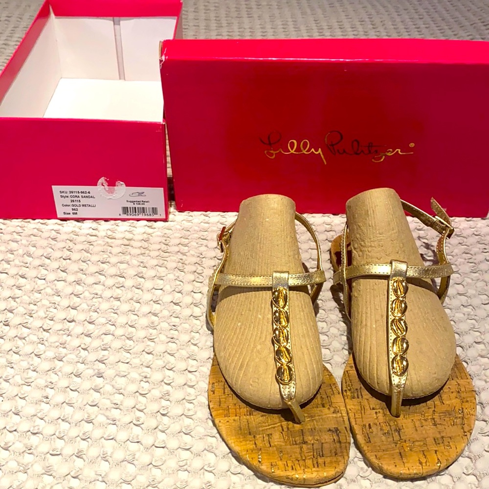 Lilly Pulitzer Cora sandal, thong, gold, shells